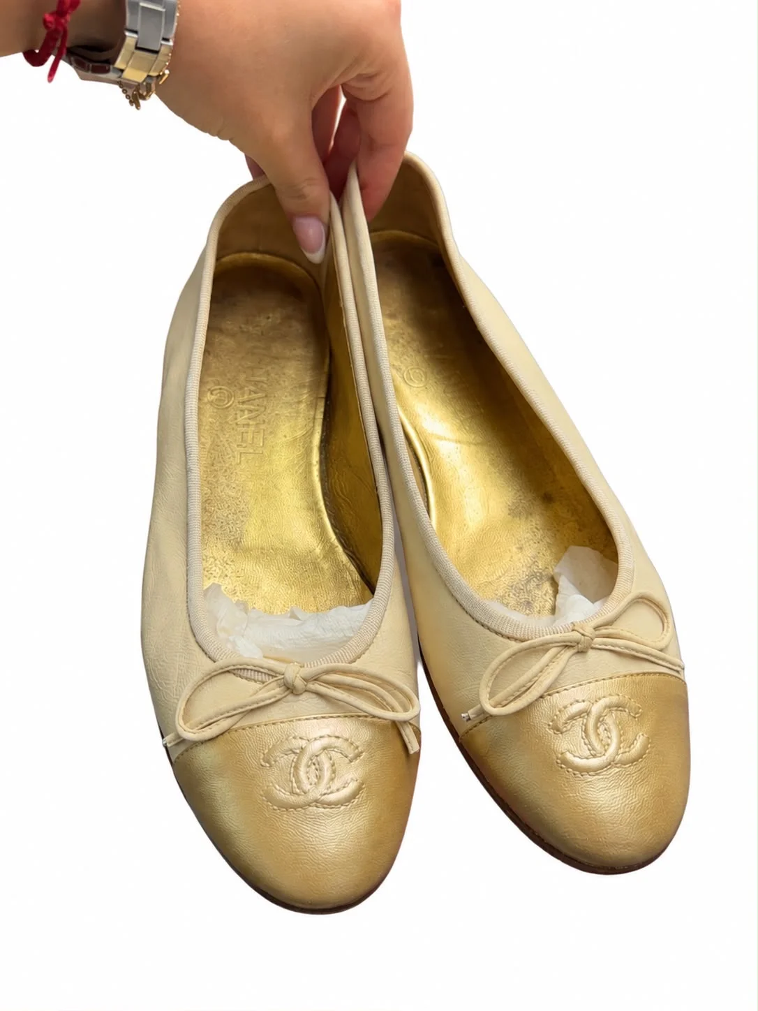 CHANEL – Classic CC Cap-Toe Ballet Flats – Ivory & Metallic Gold