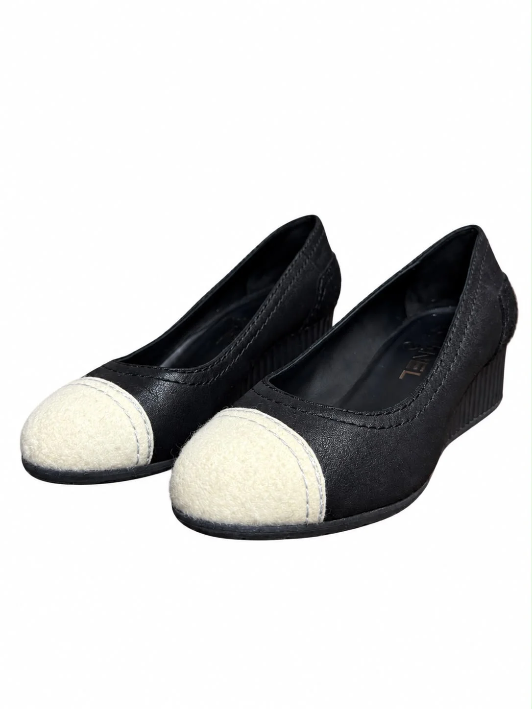 CHANEL G26285 – Black & Ivory Cap-Toe Wedge Pumps