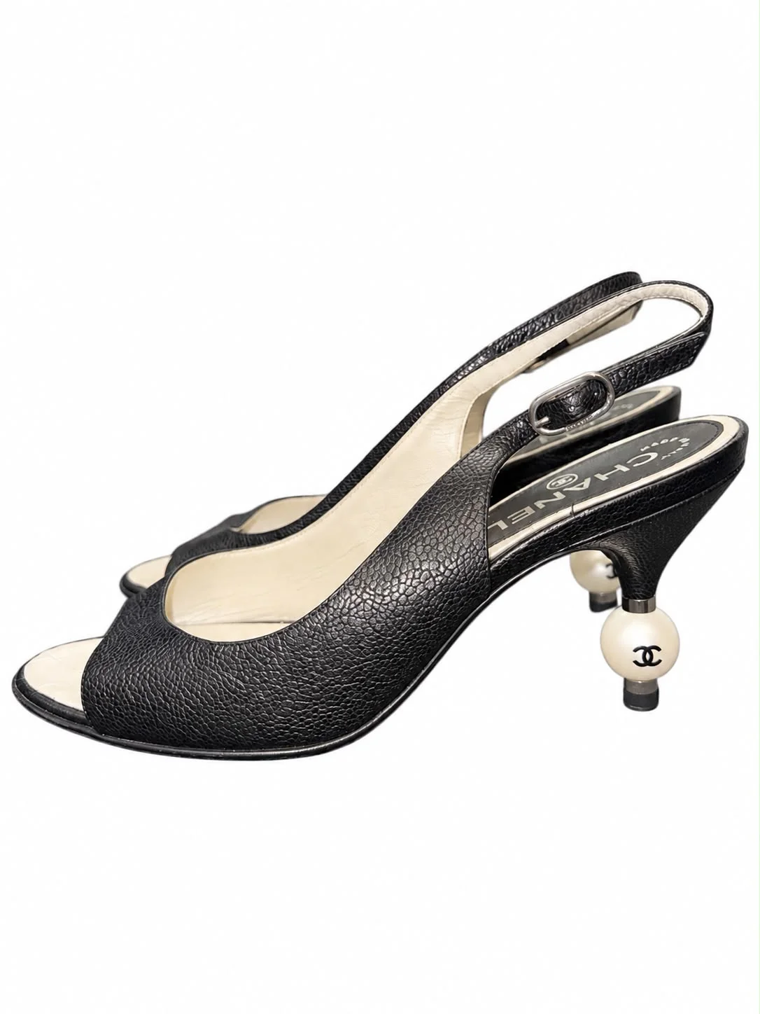 CHANEL G27708 – Black Leather Slingback Sandals with Pearl CC Heel