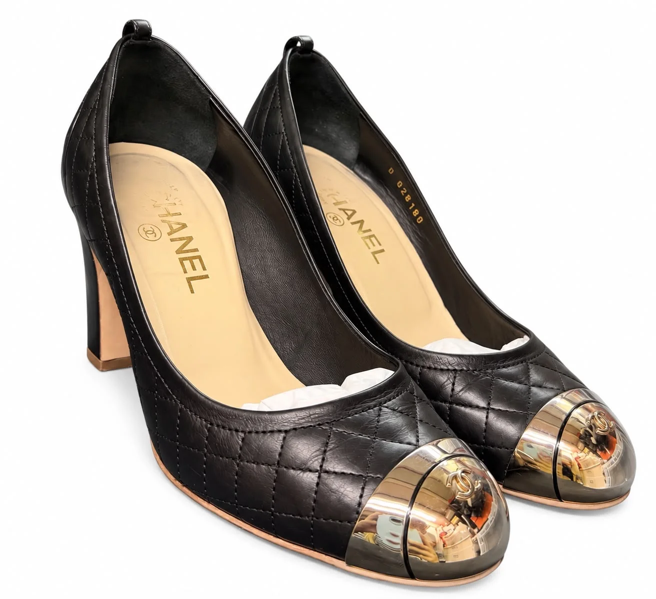 CHANEL G28180 – Black Quilted Leather Pumps with Metallic Cap Toe