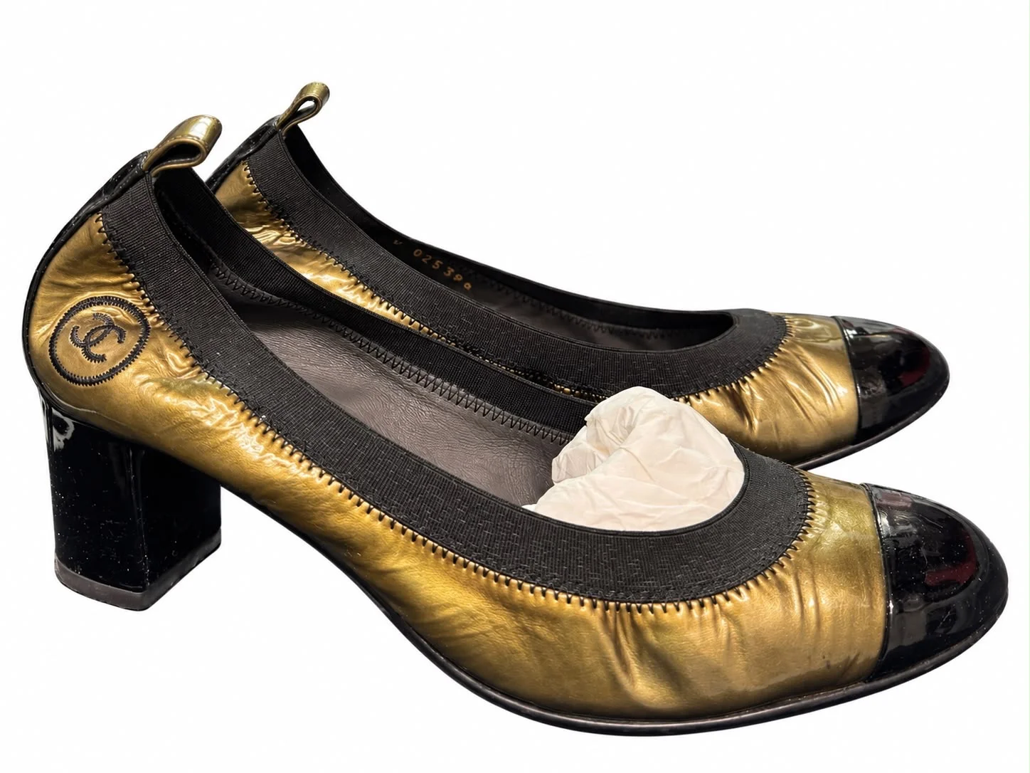 CHANEL – Two-Tone Metallic Gold & Black Patent Cap-Toe Pumps